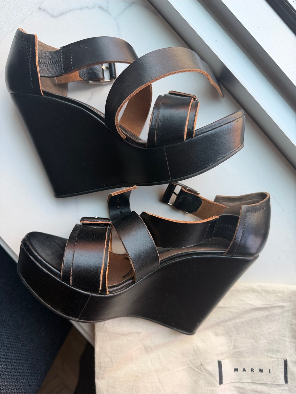 Marni Black Leather Strappy Wedge